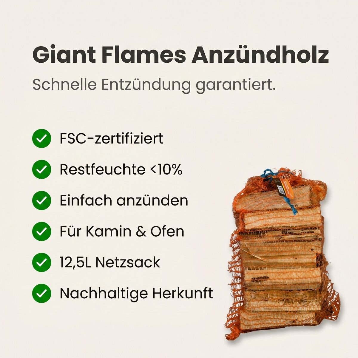 Produktansicht 2 zu Anzündholz von Giant Flames – Anzündholz FSC Netzsäcke 12.5L