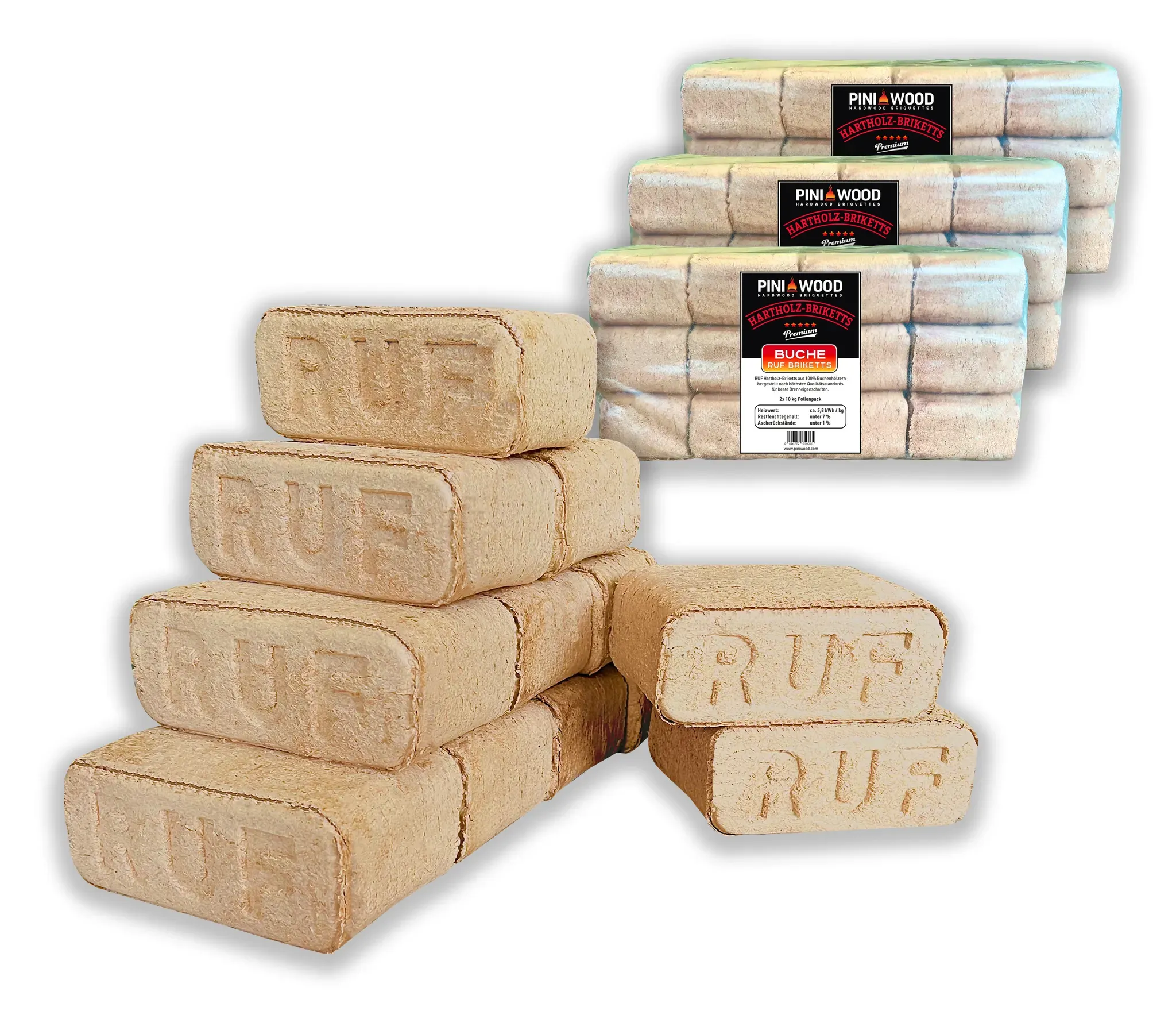 Briketts in ausgewĂ€hlter AusfĂŒhrung â PINI 30 kg Holzbriketts 100% Buche Hartholzbriketts RUF Grill â Produktansicht