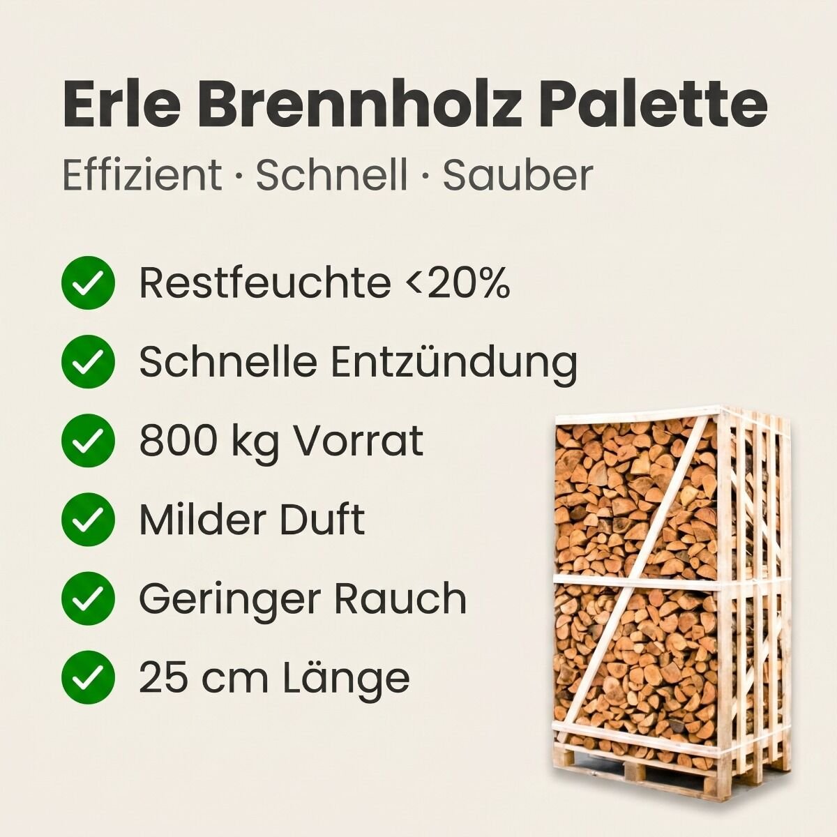 Produktansicht 2 zu Erle Kaminholz – Palette kammergetrocknetes gespalten Erle Brennholz 25cm