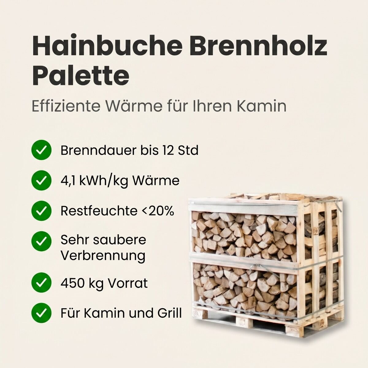 Produktansicht 2 zu Hainbuche Kaminholz – Halbe palette kammergetrocknetes gespalten Hainbuche Brennholz 25cm