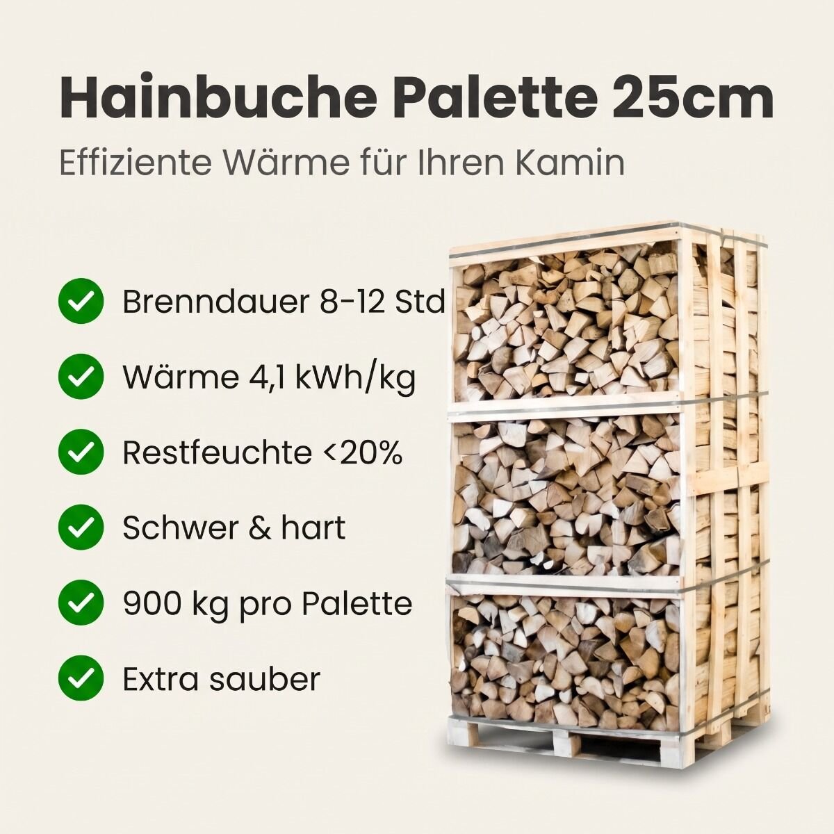 Produktansicht 2 zu Hainbuche Kaminholz – Palette kammergetrocknetes gespalten Hainbuche Brennholz 25cm