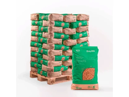 Holzpellets in ausgewählter Ausführung – BayWa Holzpellets – 100 Jahre Limited Edition (15 kg Papiersack, 825 kg – Produktansicht