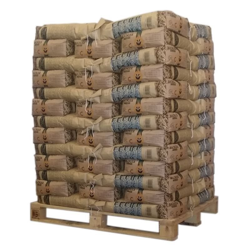 PALETTE MIT BRIKETTS in ausgewählter Ausführung – PELLET BADGER – PALETTE MIT 65 SÄCKEN À 15 KG – Vorratsvariante – Produktansicht